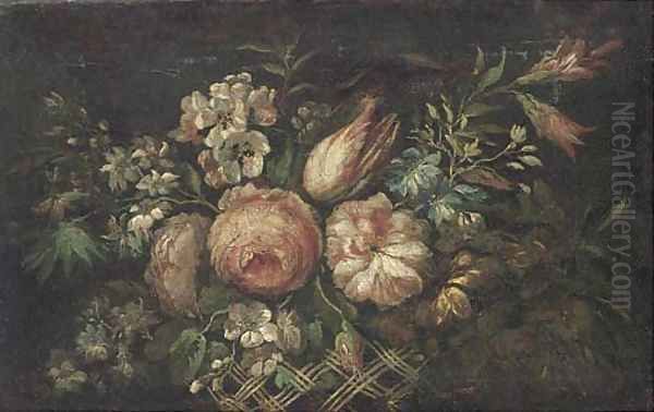 Roses, tulips, morning glory and other flowers in a basket Oil Painting by Jean-Baptiste Monnoyer