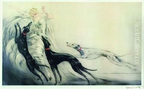 Elegantes Et Trois Levriers Oil Painting by Louis Icart