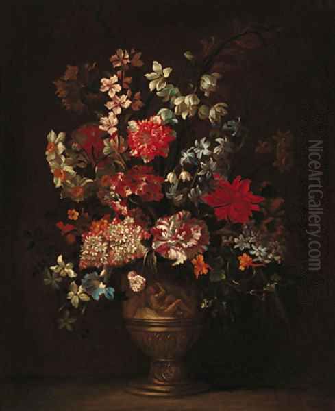 Still life of roses, carnations, narcisi and other flowers in a sculpted vase on a ledge Oil Painting by Jean-Baptiste Monnoyer