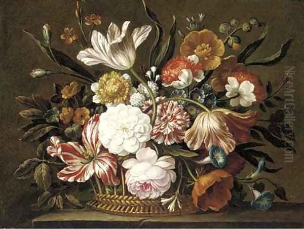 Tulips, morning glory, a rose and other flowers in a basket on a ledge Oil Painting by Jean-Baptiste Monnoyer