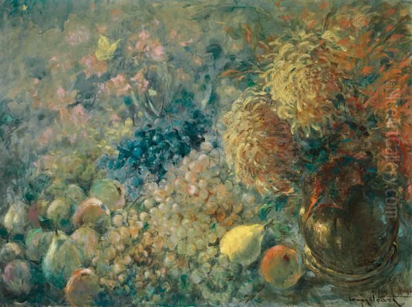 Nature Morte Aux Raisins, Poires Et Bouquet De Dahlias Oil Painting by Louis Icart