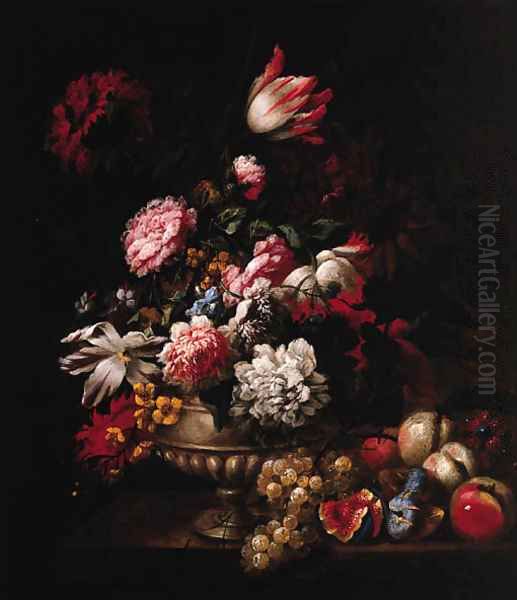 Tulips, Roses, Poppies and other Flowers in a Vase with Fruit on a Ledge by Jean-Baptiste Monnoyer