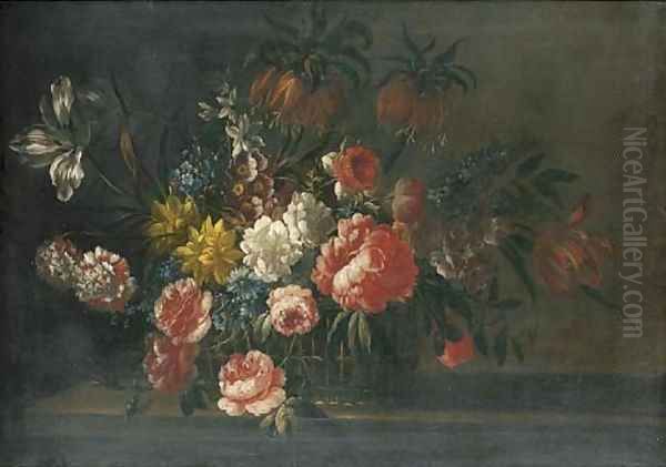 Roses, carnations, tulips and other flowers in a basket on a stone ledge Oil Painting by Jean-Baptiste Monnoyer