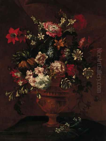 Roses, lemon blossom, poppies, narcissi and other flowers on a stone ledge Oil Painting by Jean-Baptiste Monnoyer