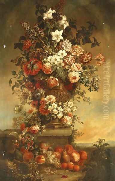 Tulips, lilies, carnations, roses and other flowers in an urn on a stone ledge, with fruit in a basket below Oil Painting by Jean-Baptiste Monnoyer