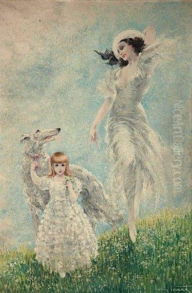 Elegante Et Fillette Au Levrier Oil Painting by Louis Icart