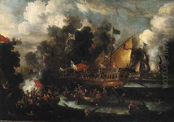 A naval engagement between Turks and Christians Oil Painting by Victor Mahu