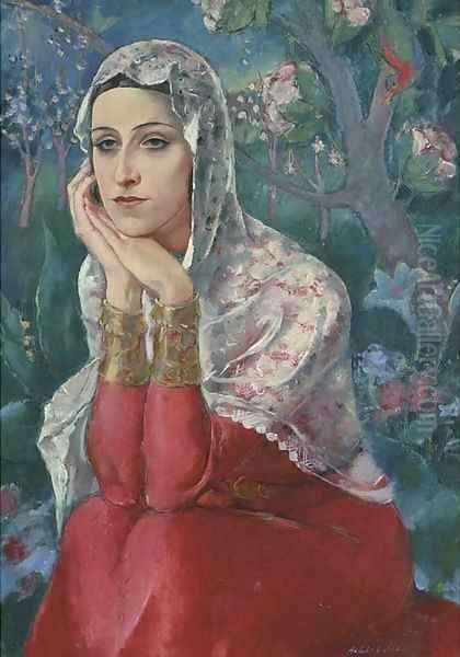 A Turkish beauty in a garden Oil Painting by Halil Bey Mussaijassul