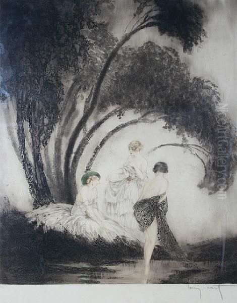 Three Ladies By A Pool Oil Painting by Louis Icart