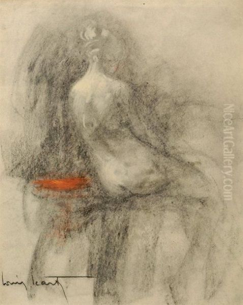 Nu Assis De Dos Fusain Et Pastel Oil Painting by Louis Icart