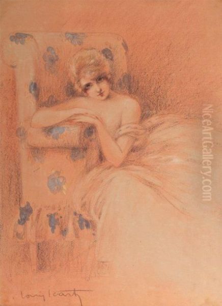 Elegante Accoudee Dessin Au Crayon Gras Et Rehauts D'aquarelle by Louis Icart