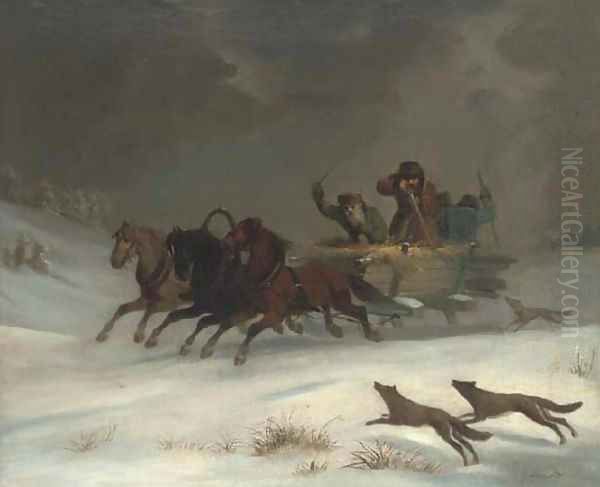 Running from the wolves Oil Painting by Josef Mathauser