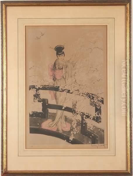 Geisha On Bridge Oil Painting by Louis Icart