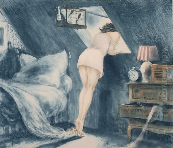 Woman In An Interior Leaning Out Of Awindow Oil Painting by Louis Icart