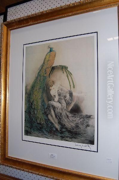 Lady And Peacock Oil Painting by Louis Icart