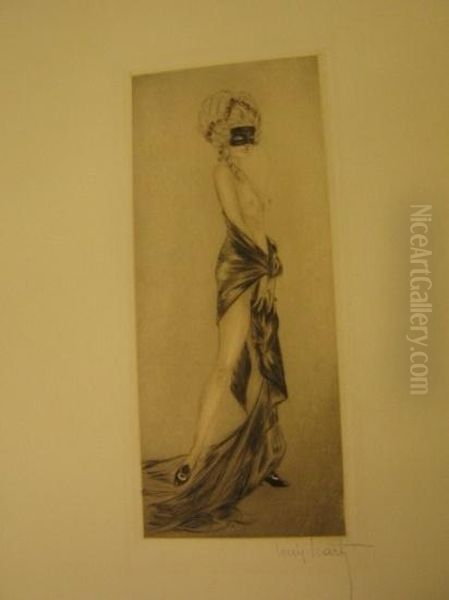 Masked Female Nude Oil Painting by Louis Icart