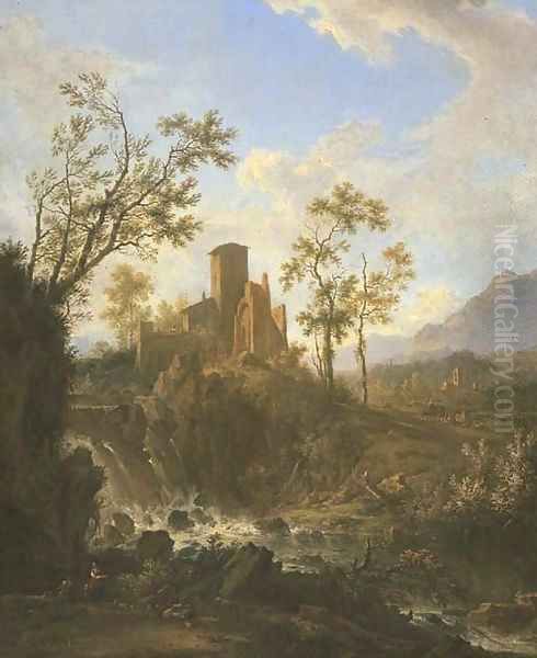 An Italianate river landscape with a nietherd Oil Painting by Frederick De Moucheron