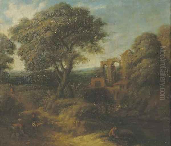 A wooded landscape with figures on a path Oil Painting by Frederick De Moucheron