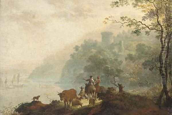 An Italianate landscape with cattle herders in the foreground Oil Painting by Frederick De Moucheron