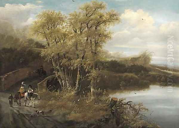 A wooded landscape with travellers crossing a bridge Oil Painting by Frederick De Moucheron