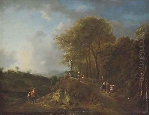 A wooded river landscape with anglers on a track, other figures on a bridge by a statue Oil Painting by Frederick De Moucheron