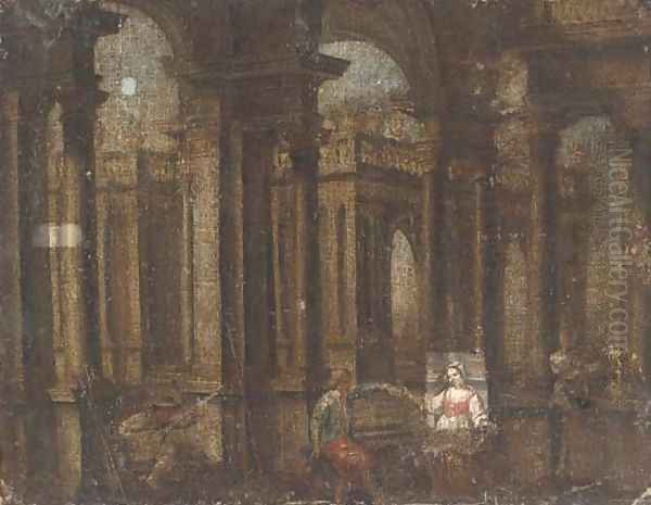 A capriccio of a palace courtyard with figures playing music and dancing Oil Painting by Gennaro Greco, Il Mascacotta