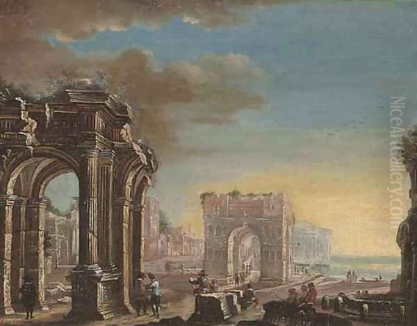 A capriccio of classical ruins with elegant figures conversing in the foreground Oil Painting by Gennaro Greco, Il Mascacotta