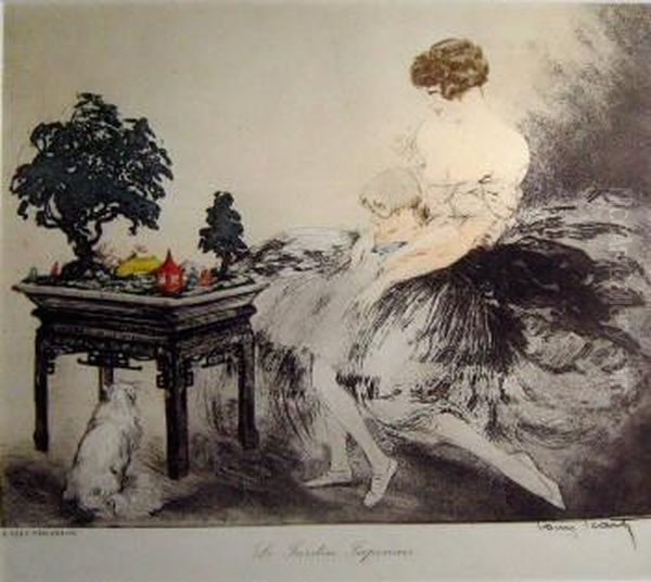 'jardin Japonais', Etching, 
Signed By The The Artist, Published In 1936, In A French Art Magazine, 
21cm X 26cm, Framed Oil Painting by Louis Icart