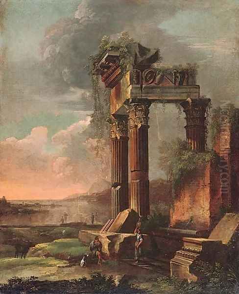 A capriccio of classical ruins with figures in the foreground Oil Painting by Gennaro Greco, Il Mascacotta