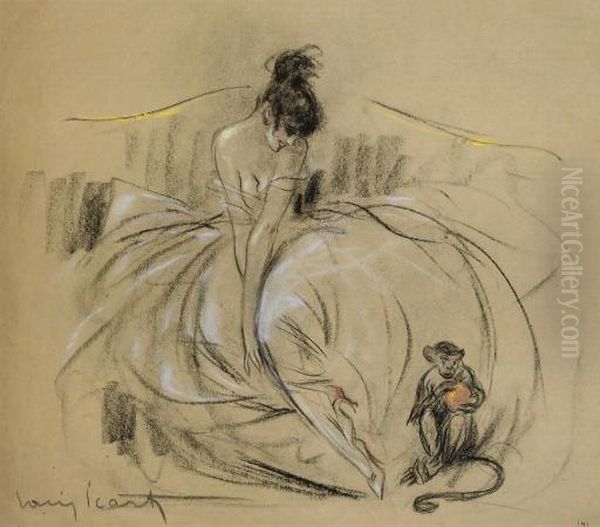 Study Of Lady And Monkey by Louis Icart