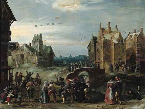 A carnival procession in a village street on Shrove Tuesday Oil Painting by Govaert Jansz., Called Mijnheer