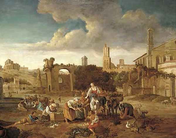 A Roman capriccio with a market amongst classical ruins Oil Painting by Hendrick Mommers