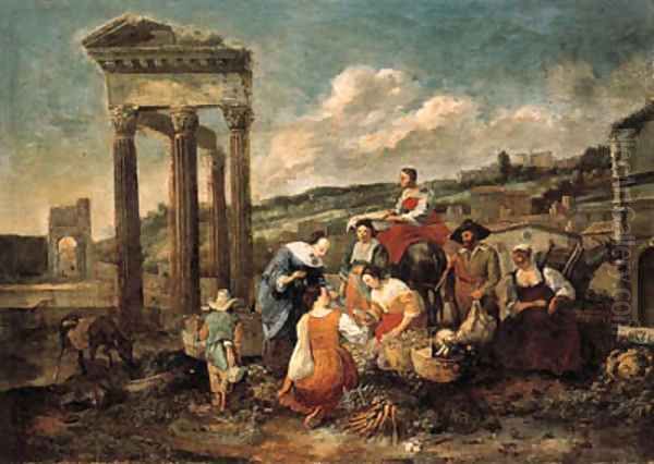 An Italianate market by a ruined temple Oil Painting by Hendrick Mommers