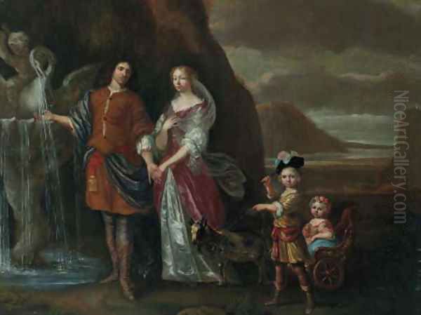 A gentleman and his wife as Rebecca and Eliezer at the well Oil Painting by Jan Mijtens