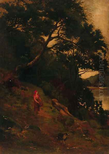 A faggot gatherer on a riverside path Oil Painting by John MacWhirter