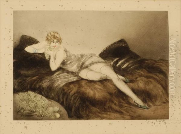 A Woman Reclining On A Sofa Oil Painting by Louis Icart