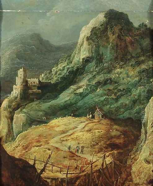 A mountainous landscape with travellers by a hut and a shepherd in a pasture Oil Painting by Joos De Momper