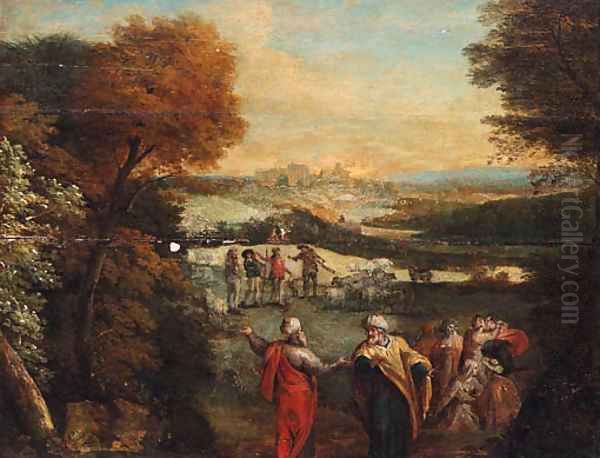 A wooded landscape with Jacob and Laban Oil Painting by Karel Van Mander