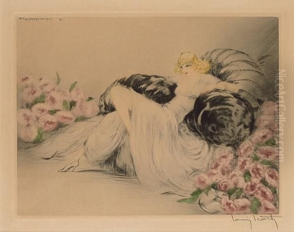 'peonies' An Etching And Aquatint With Drypoint, Circa 1935 Oil Painting by Louis Icart