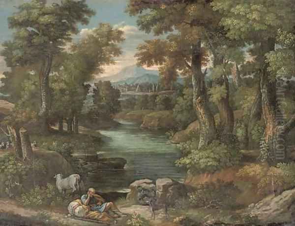 An extensive wooded river landscape with a shepherd resting on the riverbank by Pieter Meulener