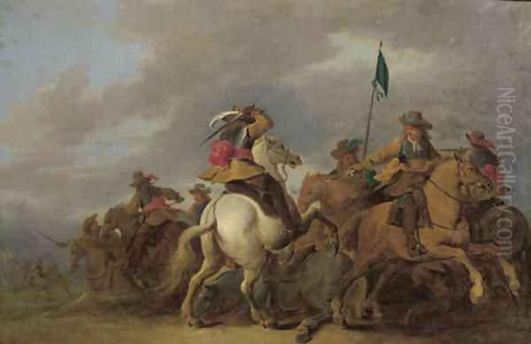 A cavalry skirmish in a landscape Oil Painting by Pieter Meulener