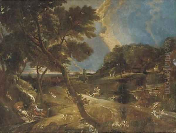 An extensive landscape with a stag hunt Oil Painting by Pieter Meulener