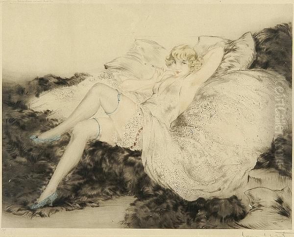 Femme Allongee Fumant Une Cigarette Oil Painting by Louis Icart