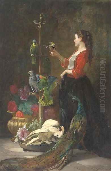 Jeune fille aux perroquets Oil Painting by Charles Monginot