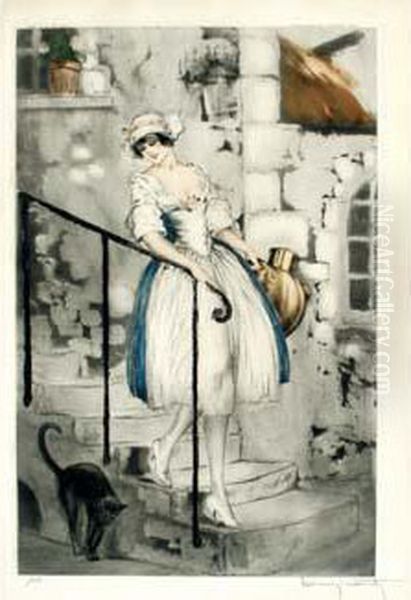 La Laitiere Au Chat (1928) Oil Painting by Louis Icart