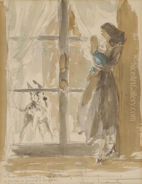 Woman And Child, With A Great Dane At The Window Oil Painting by Louis Icart