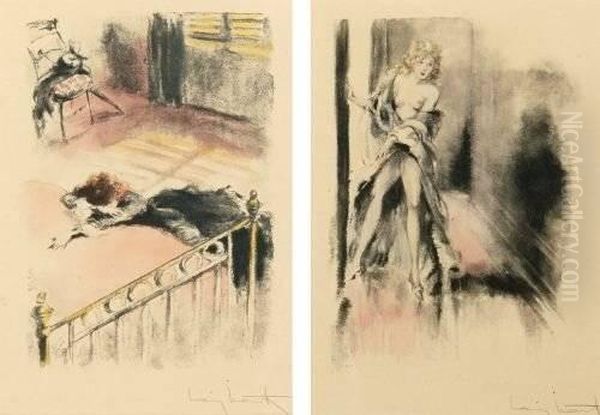 Partially Robed Woman In Hall And Woman Crying On Bed: Two Works Oil Painting by Louis Icart