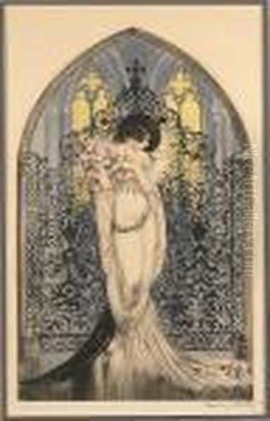 Lady Before A Stained Glass Window Oil Painting by Louis Icart