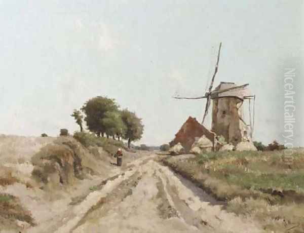 A peasant woman passing a windmill on a sunny day Oil Painting by Isidore Meyers