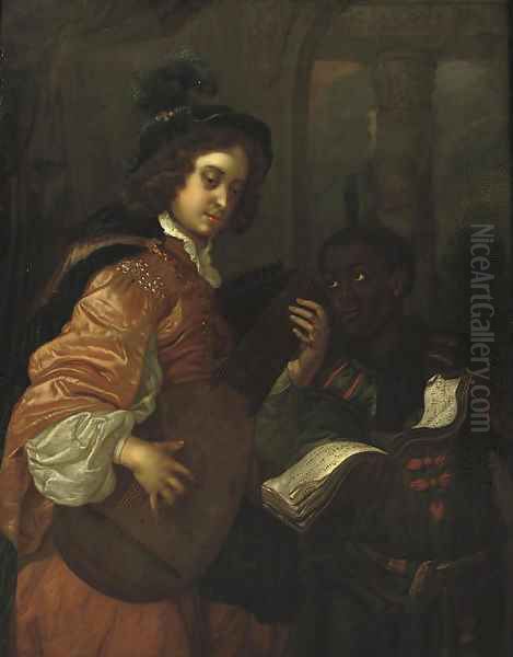 A man playing the lute with a servant holding a music sheet Oil Painting by Carel de Moor